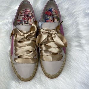 Born shoe, laces have been changed to satin. Worn but great condition